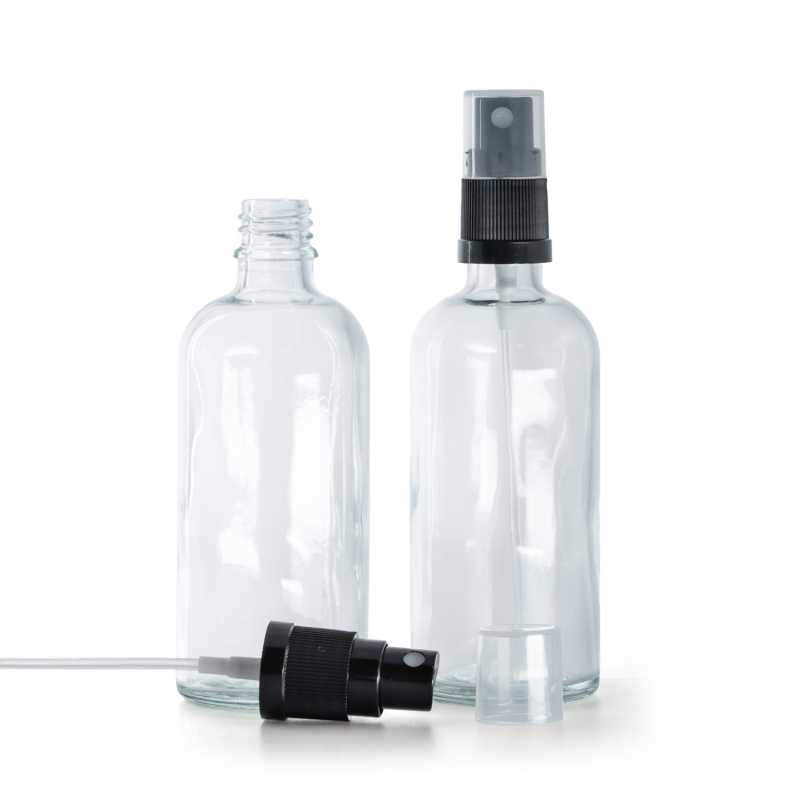 Frasco de vidrio, transparente, pulverizador negro, 100 ml