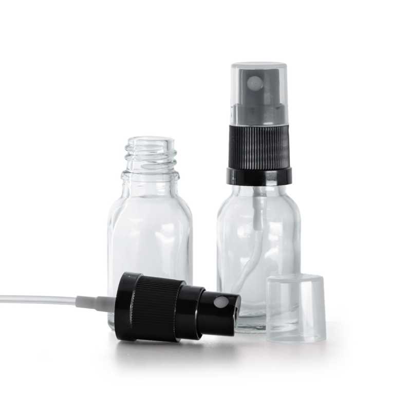 Botella de vidrio, transparente, pulverizador negro, 15 ml