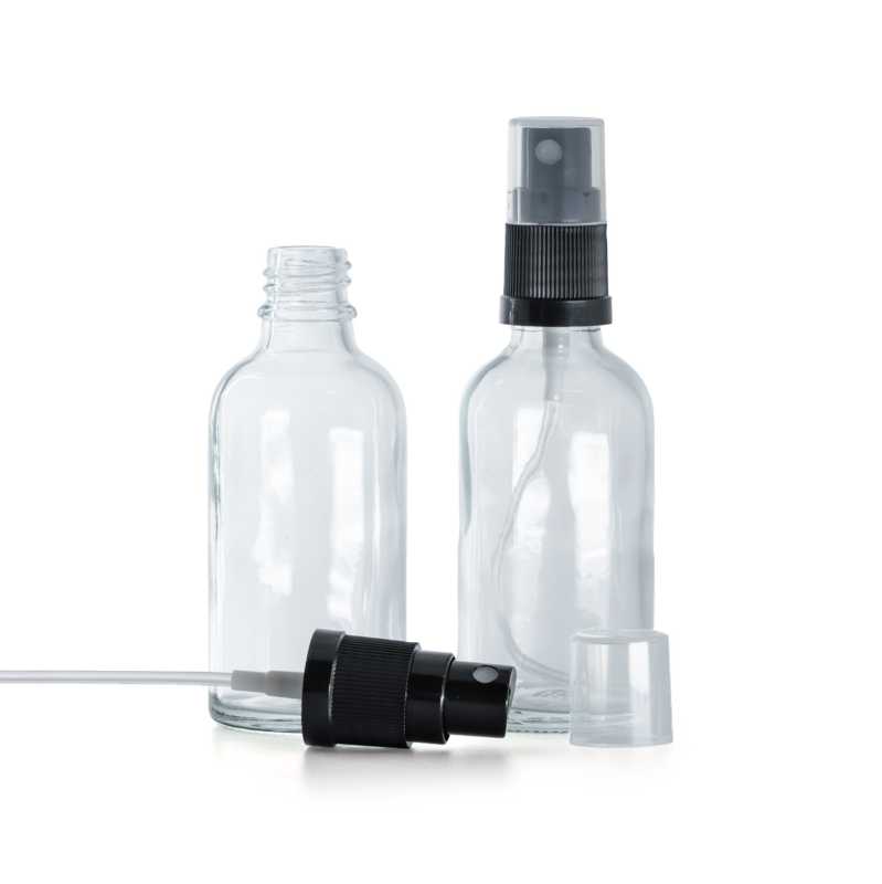 Envase de vidrio, transparente, pulverizador negro, 30 ml