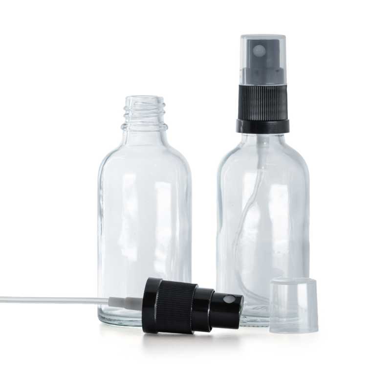 Envase de vidrio, transparente, pulverizador negro, 50 ml