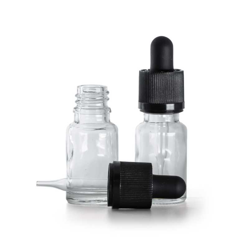 Frasco de vidrio, transparente, cuentagotas de seguridad inviolable, 10 ml