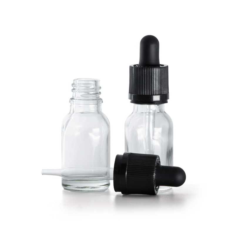 Frasco de vidrio, transparente, cuentagotas de seguridad inviolable, 15 ml