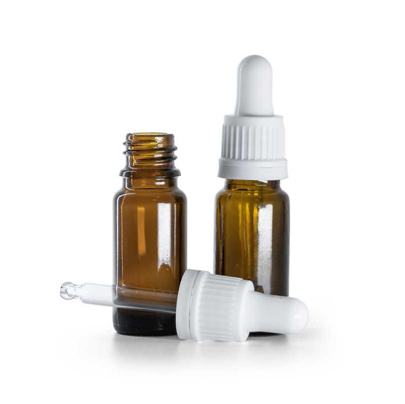 Frasco cuentagotas de vidrio ámbar, tipo B slim, cuentagotas blanco, 10 ml