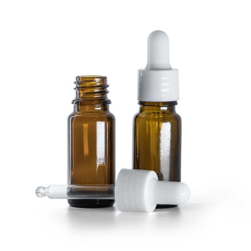 Frasco de vidrio ámbar, tipo B, alto, cuentagotas blanco brillante, 10 ml