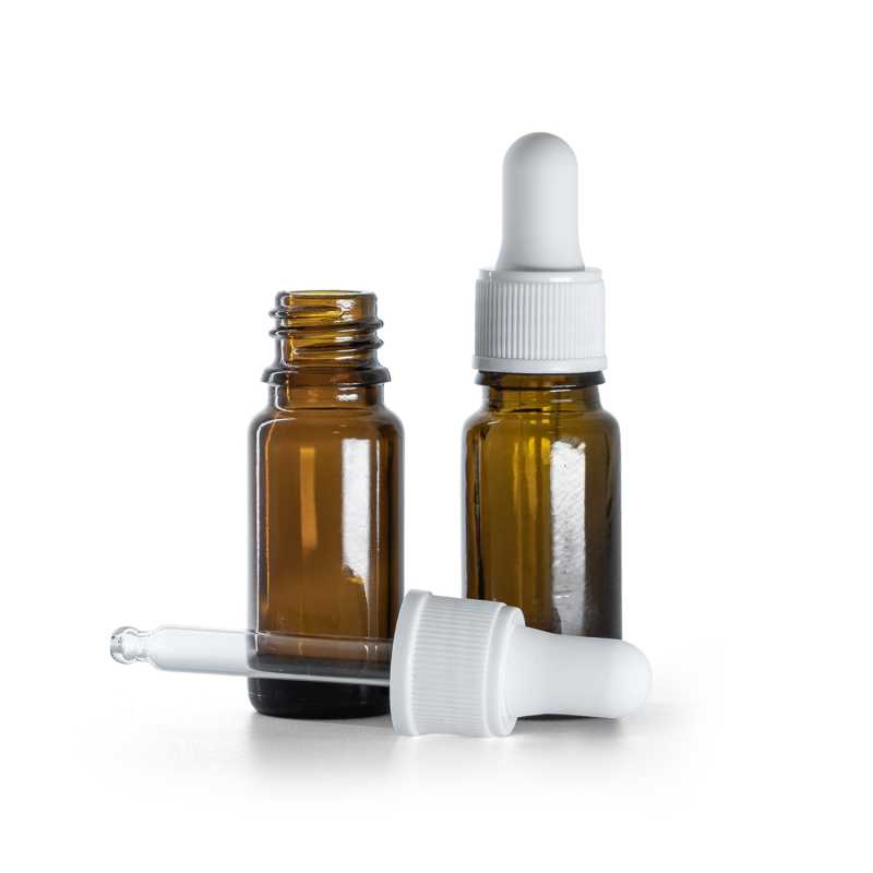 Frasco de vidrio ámbar, tipo B, alto, cuentagotas blanco mate, 10 ml