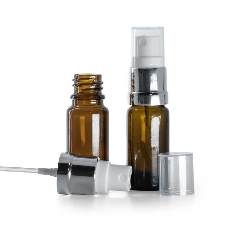 Frasco de vidrio ámbar, tipo B, esbelto, pulverizador blanco plateado, 10 ml