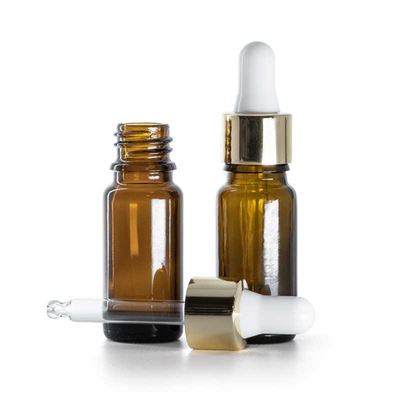 Frasco de vidrio ámbar, tipo B, alto, pipeta blanca dorada, 10 ml