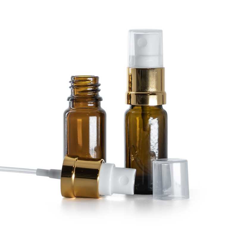 Envase de vidrio topacio, tipo B, alto, pulverizador blanco dorado, 10 ml