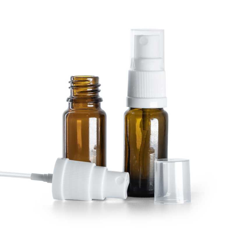 Botella de vidrio ámbar tipo B, alta, pulverizador blanco, 10 ml