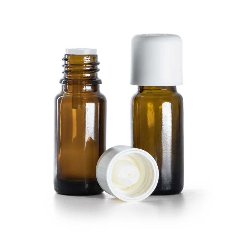 Frasco de vidrio ámbar tipo B, alto, anillo blanco con cuentagotas de seguridad, 10 ml