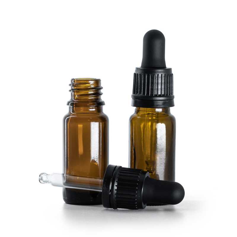 Frasco de vidrio ámbar, tipo B, alto, cuentagotas negro inviolable, 10 ml
