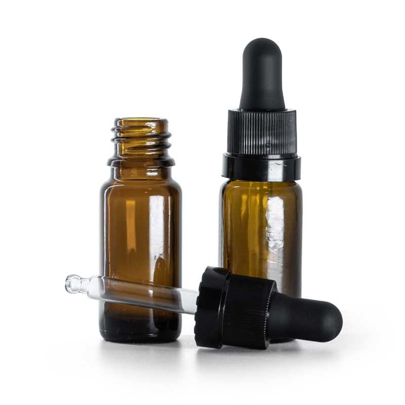 Frasco de vidrio ámbar, tipo B, alto, cuentagotas negro mate con anillo brillante, 10 ml