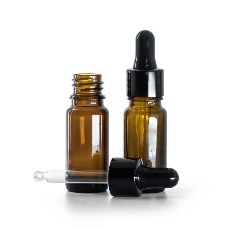 Frasco de vidrio ámbar, tipo B, alto, cuentagotas negro brillante, 10 ml