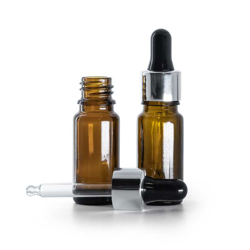 Frasco cuentagotas, vidrio ámbar, tipo B, alto, cuentagotas negro plateado brillante, 10 ml