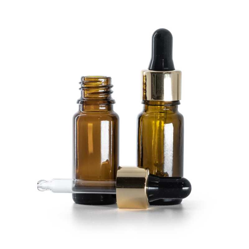 Frasco de vidrio ámbar, tipo B, alto, cuentagotas negro dorado, 10 ml