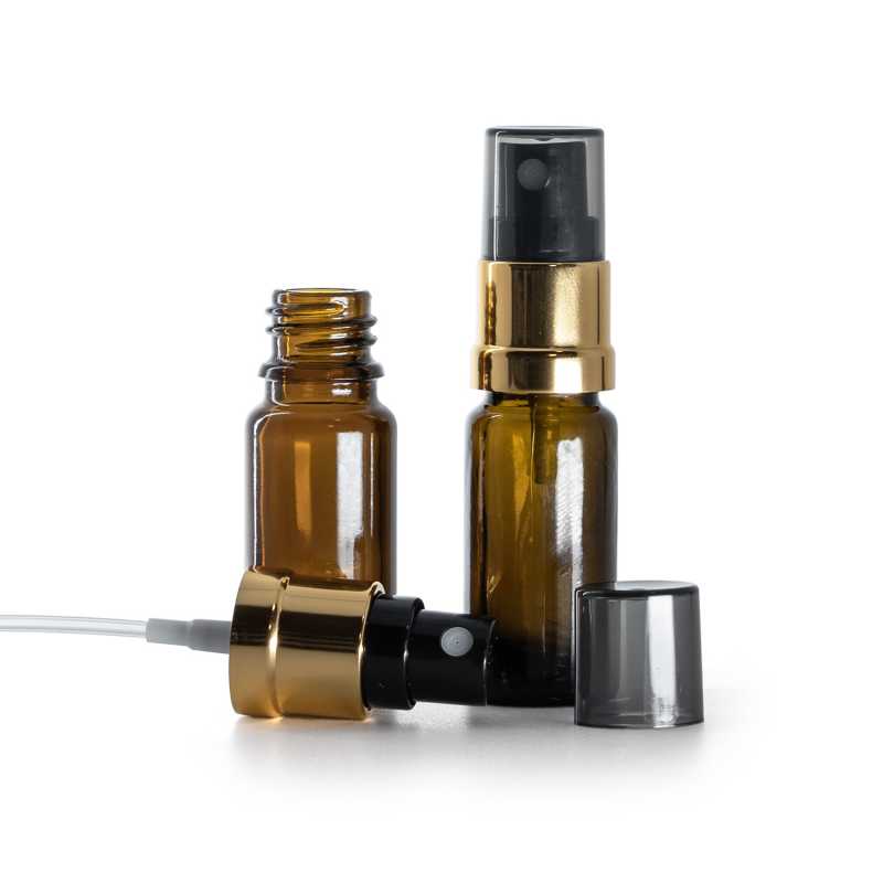 Frasco de vidrio, tipo B, alto, pulverizador negro y dorado, sobretapa ahumada, 10 ml