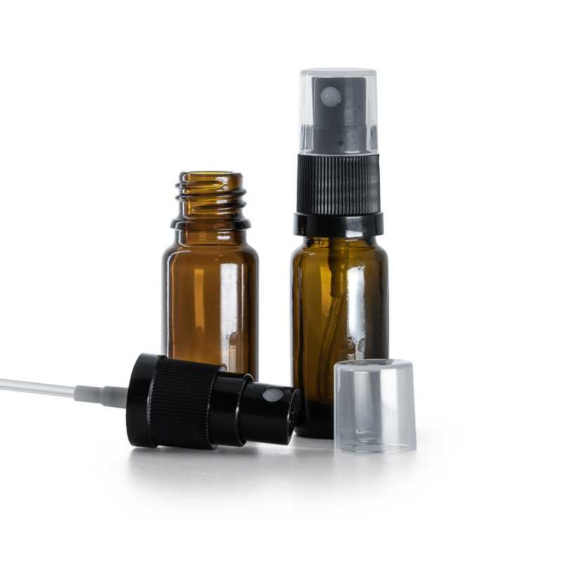 Frasco de vidrio ámbar, tipo B, alto, pulverizador negro, 10 ml