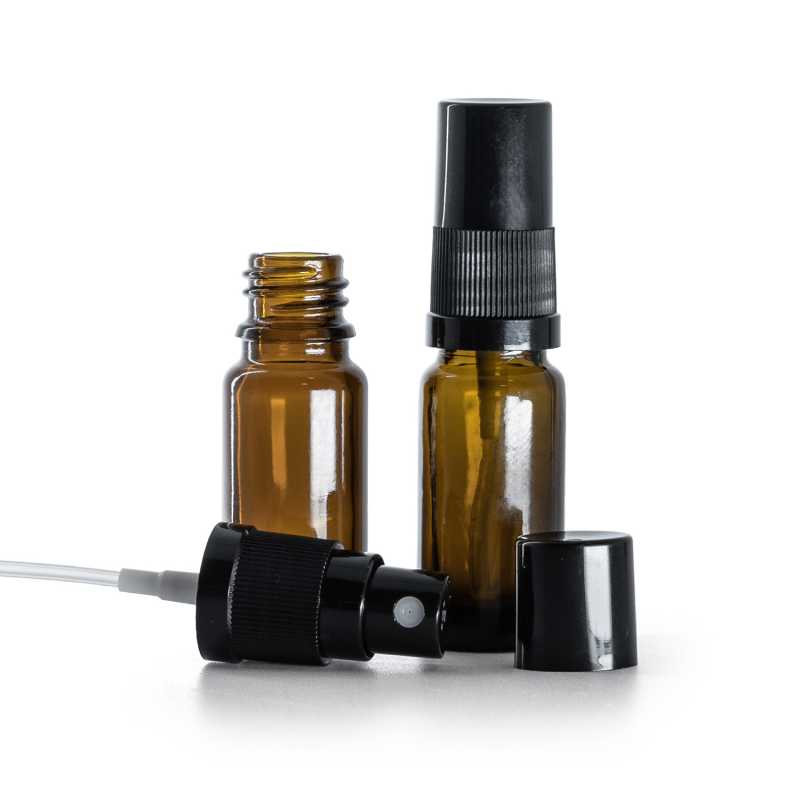 Botella de vidrio ámbar tipo B, alta, pulverizador negro, tapa superior negra, 10 ml