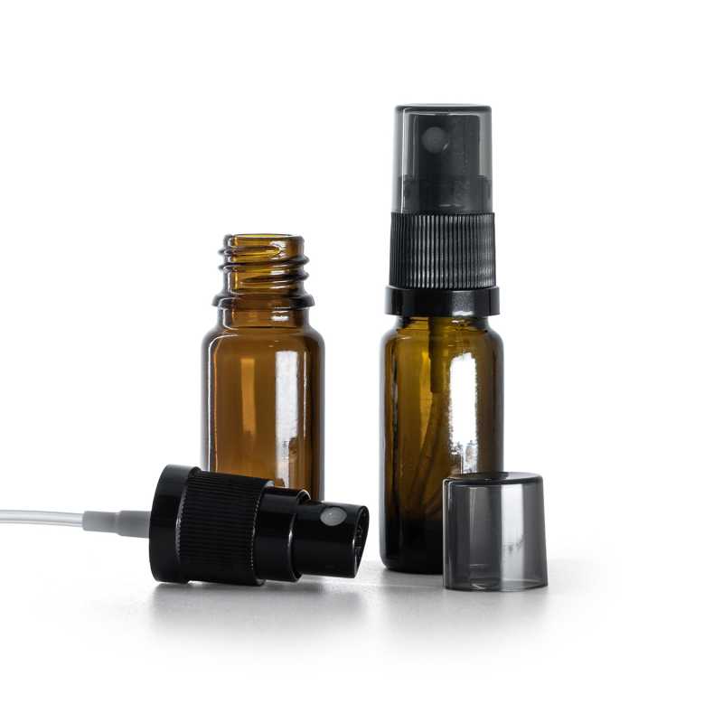 Frasco de vidrio marrón, tipo B, esbelto, pulverizador negro, sobretapa ahumada, 10 ml