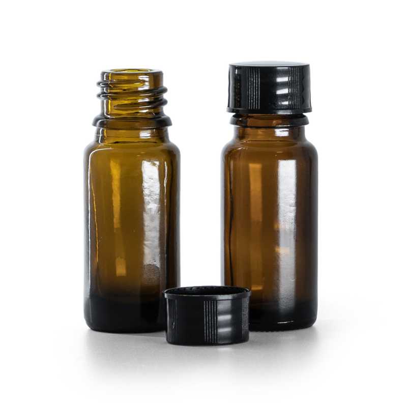 Botella de vidrio, tipo B, estrecha, tapón negro, 10 ml