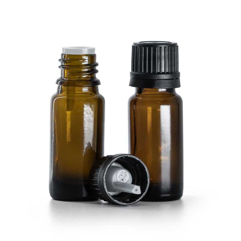 Frasco de vidrio esbelto, tipo B, ámbar, tapón negro con cuentagotas interior, 10 ml