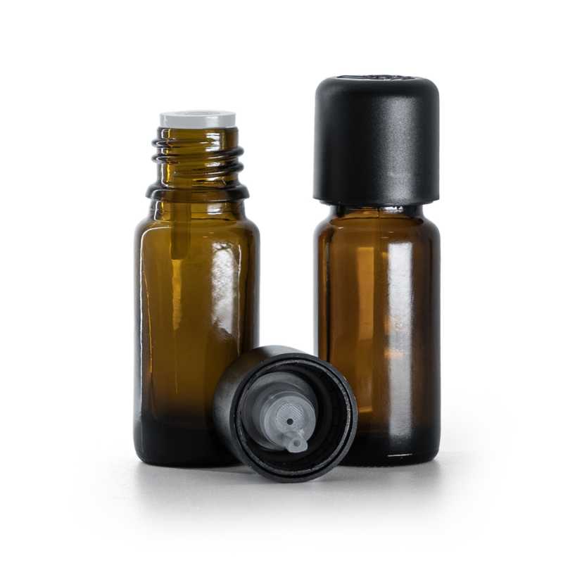 Frasco de vidrio ámbar, tipo B, alto, tapón de seguridad inviolable negro con cuentagotas, 10 ml