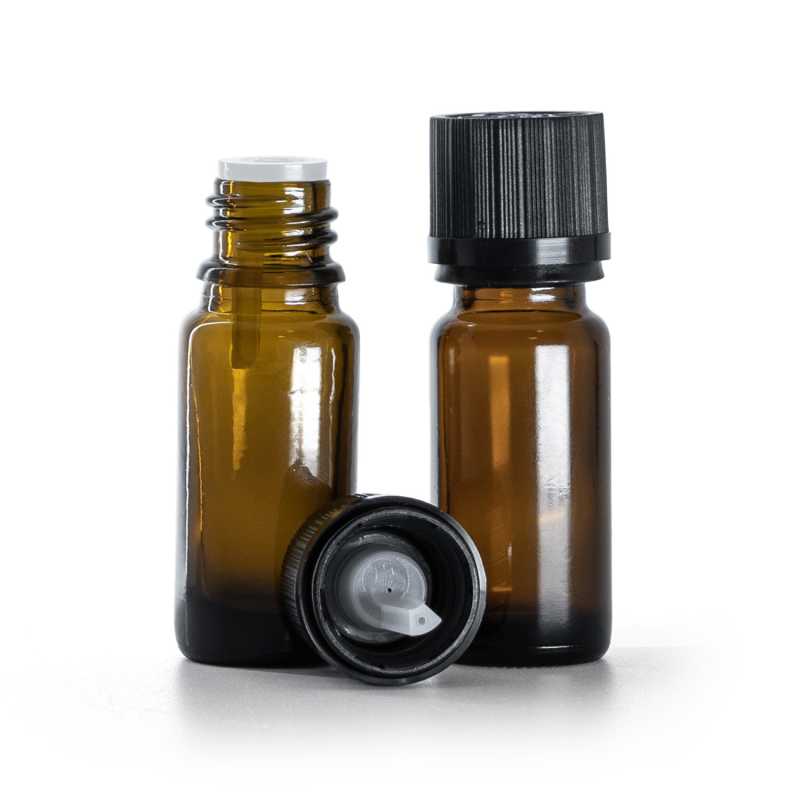 Frasco de vidrio ámbar, tipo B, alto, tapón de seguridad negro con cuentagotas, 10 ml