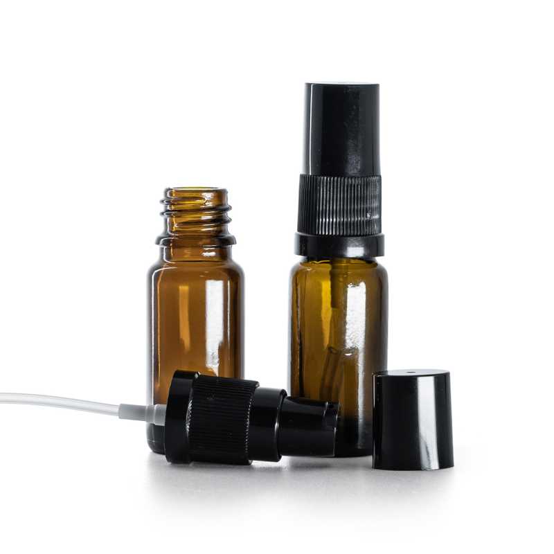 Envase de vidrio ámbar tipo B, alto, loción con bomba dosificadora negra con sobrecapucha negra, 10 ml
