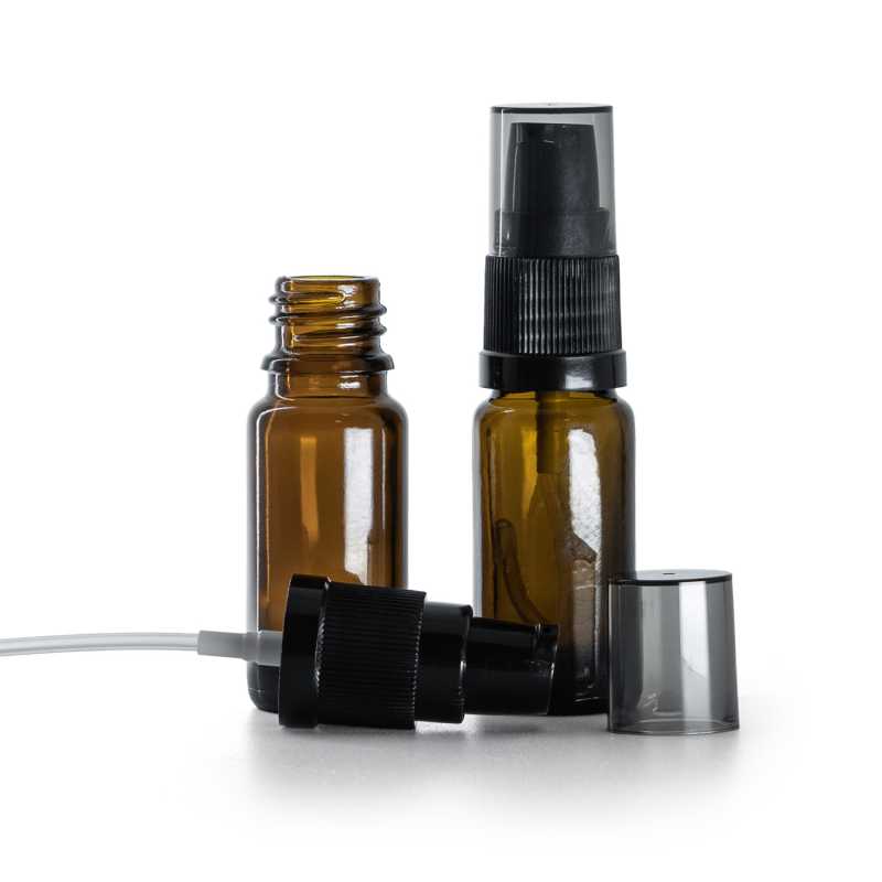 Frasco de vidrio ámbar, tipo B, esbelto, bomba para loción negra con sobretapa ahumada, 10 ml