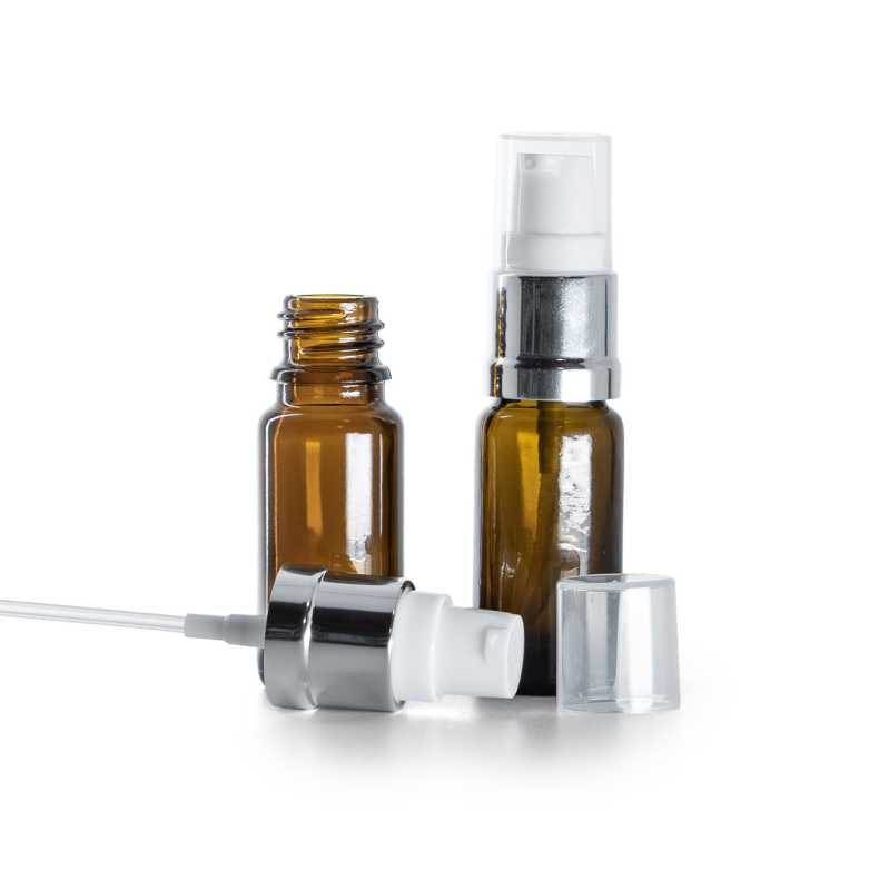 Frasco de vidrio ámbar, tipo B, estrecho, dispensador blanco plateado brillante, 10 ml