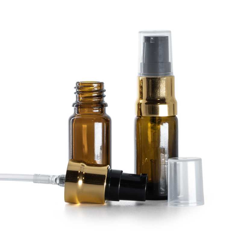 Frasco de vidrio, tipo B, ámbar, dispensador negro dorado brillante con tapa transparente, 10 ml