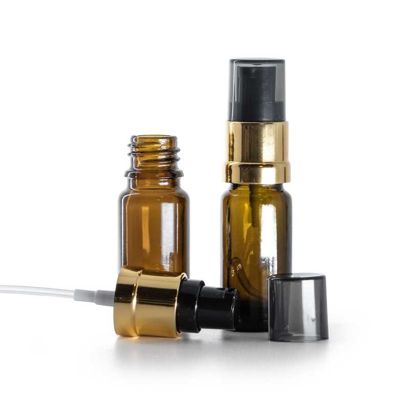 Frasco de vidrio ámbar tipo B, esbelto, bomba negra y dorada brillante con sobretapa ahumada, 10 ml
