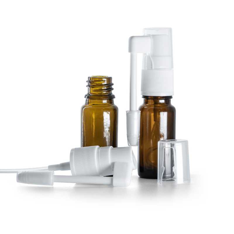 Botella de vidrio, tipo B, estrecha, pulverizador oral blanco, 10 ml