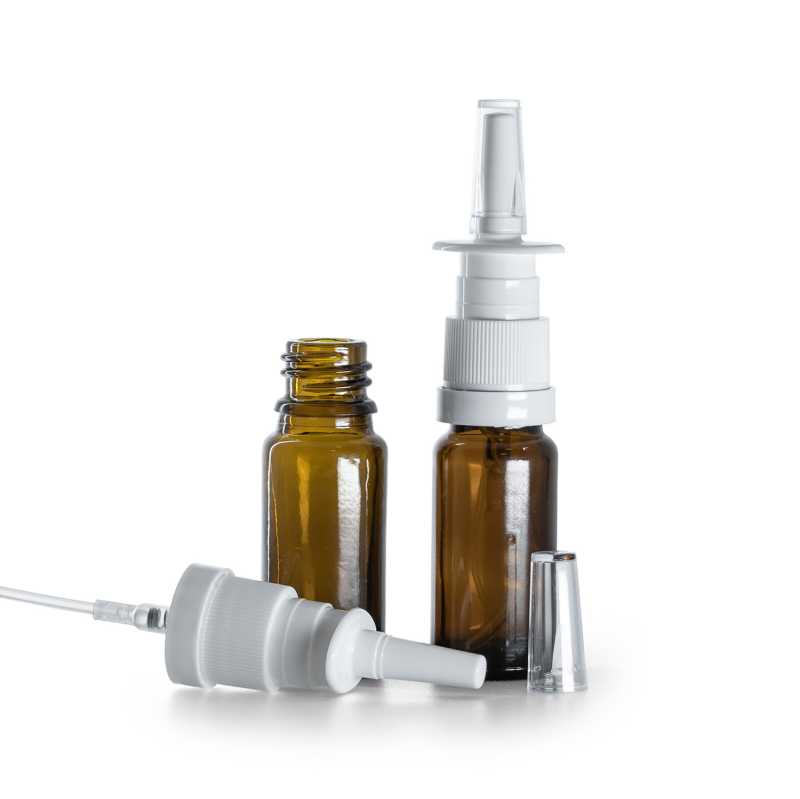 Envase de vidrio ámbar, tipo B, alto, pulverizador nasal blanco, 10 ml
