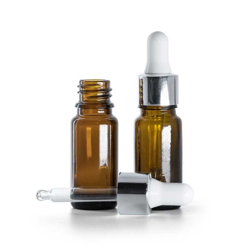 Frasco de vidrio ámbar, tipo B, alto, cuentagotas blanco plateado brillante, 10 ml