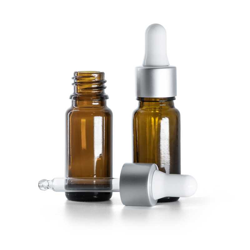 Frasco de vidrio topacio, tipo B, alto, cuentagotas blanco plata mate, 10 ml