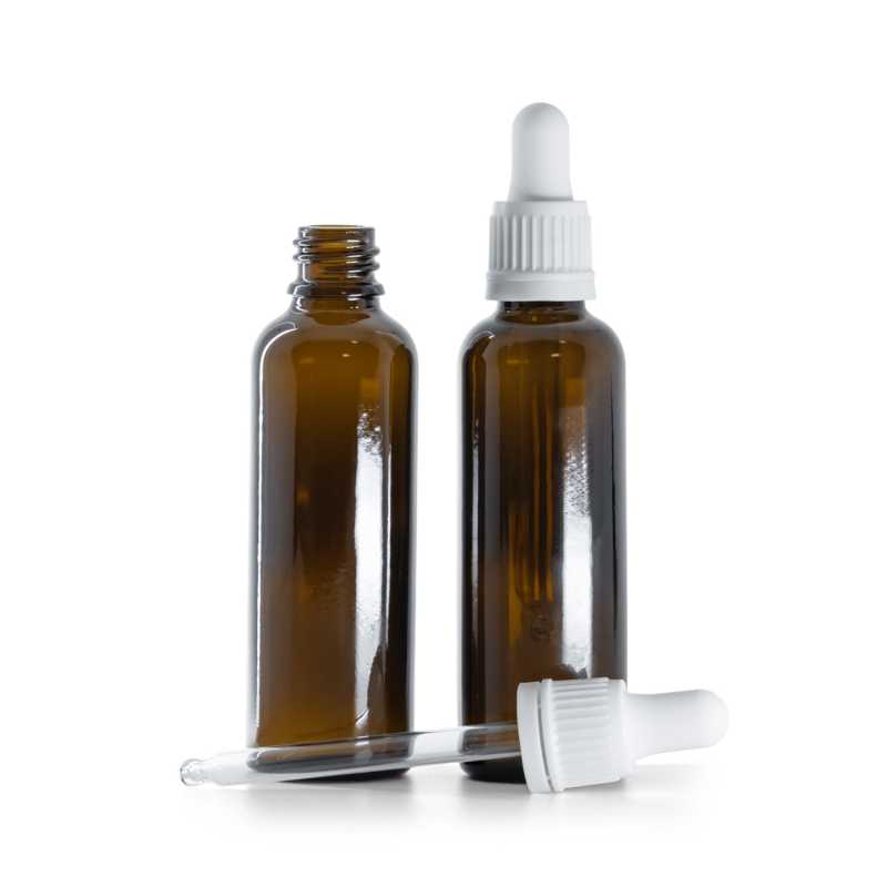 Frasco de vidrio ámbar, alto, cuentagotas blanco, 50 ml