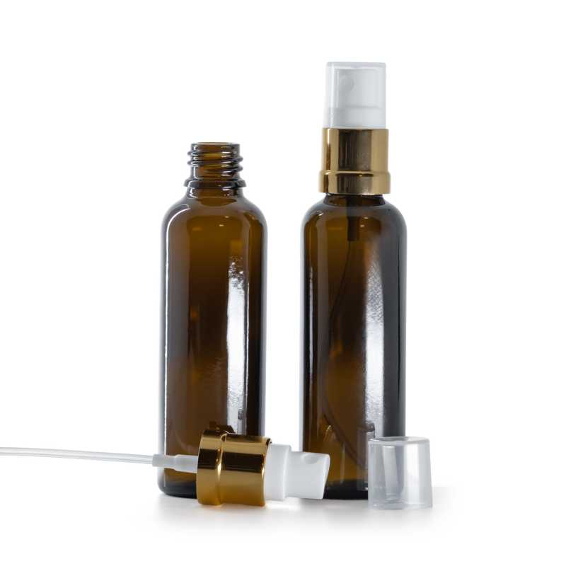 Frasco de vidrio ámbar, fino, pulverizador blanco dorado, 50 ml