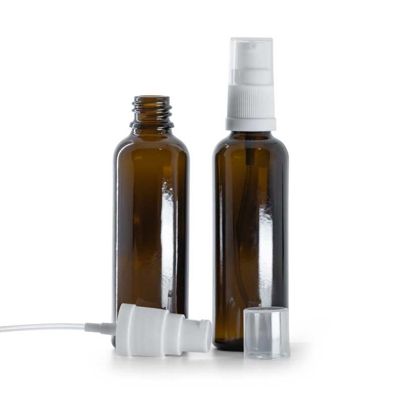 Frasco de vidrio ámbar, alto, bomba loción blanca, 50 ml