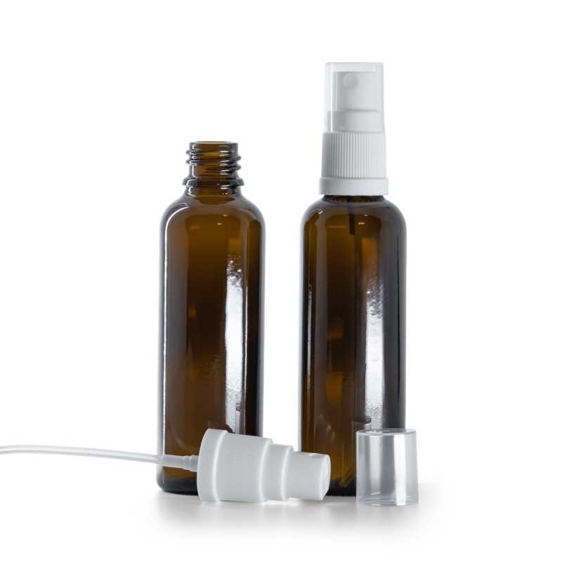 Frasco de vidrio ámbar, alto, pulverizador blanco, 50 ml