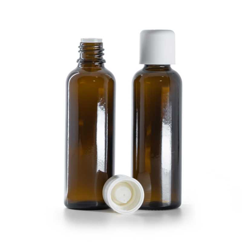 Frasco de vidrio topacio, alto, tapón de seguridad blanco con cuentagotas, 50 ml