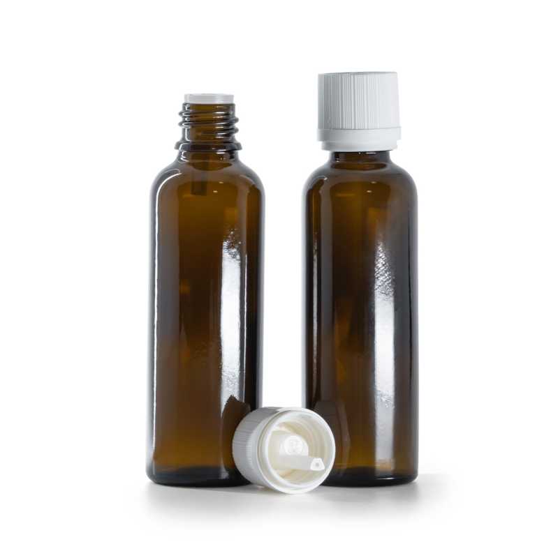 Frasco de vidrio ámbar, alto, tapón de seguridad blanco inviolable con cuentagotas, 50 ml