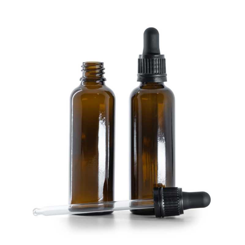 Frasco cuentagotas de vidrio ámbar, estrecho, cuentagotas inviolable negro, 50 ml