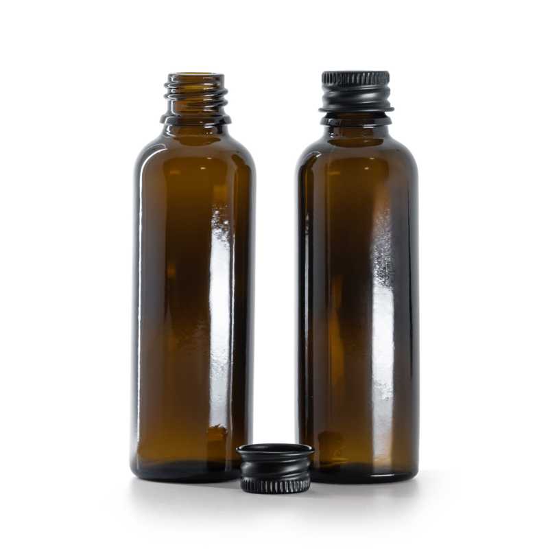 Frasco de vidrio ámbar, alto, tapón de aluminio negro, 50 ml