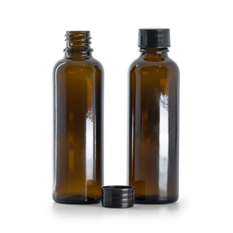 Frasco de vidrio ámbar, alto, tapón negro, 50 ml