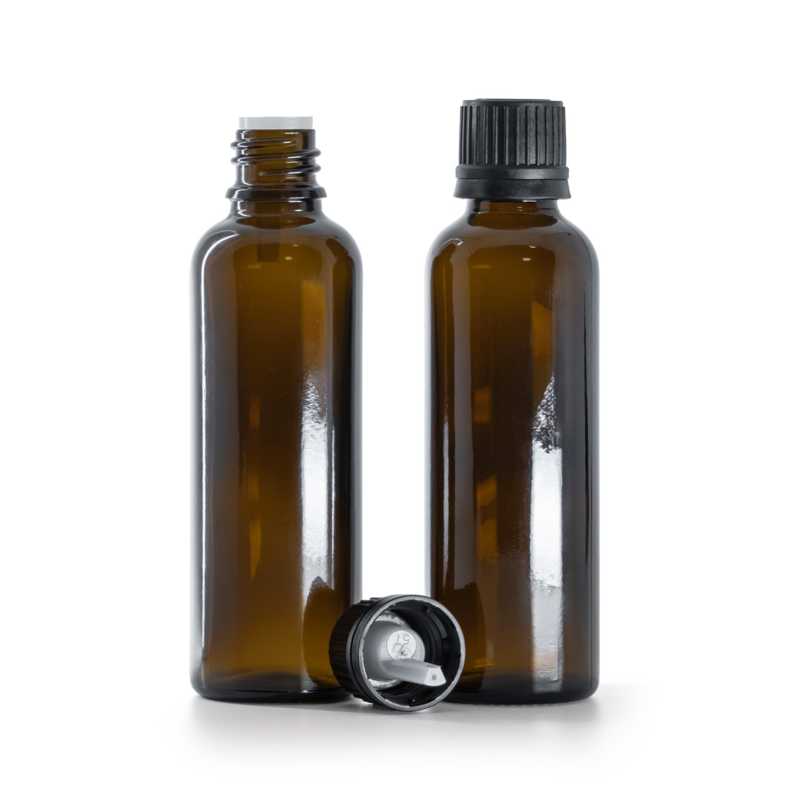 Frasco de vidrio marrón, alto, tapón negro con cuentagotas integrado, 50 ml
