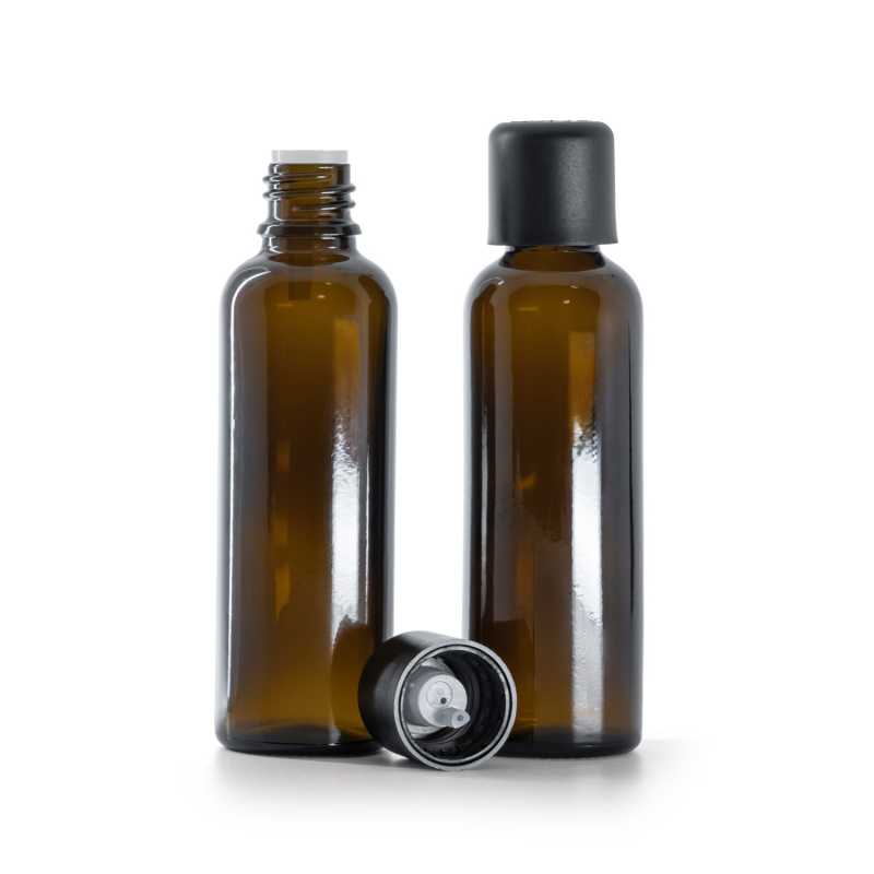 Frasco de vidrio ámbar, alto, tapón de seguridad inviolable negro con cuentagotas, 50 ml