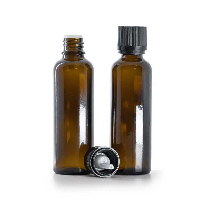 Frasco de vidrio ámbar, alto, tapón de seguridad negro estriado con cuentagotas, 50 ml