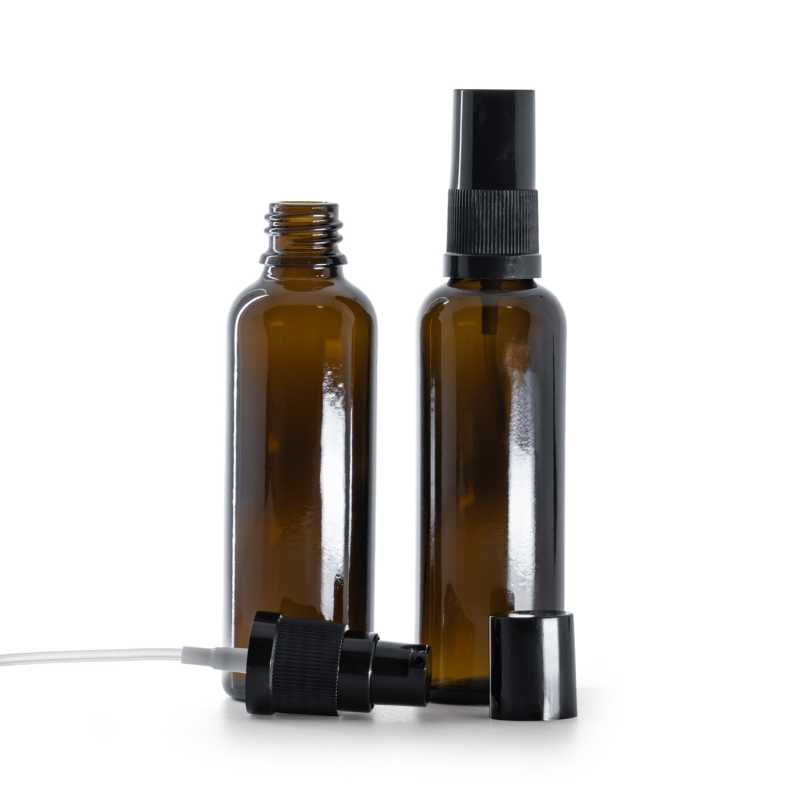 Frasco de vidrio ámbar, alto, dispensador de crema negro con sobretapa negra, 50 ml