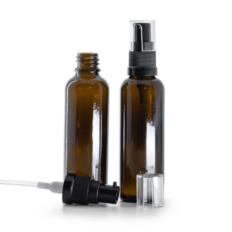 Frasco de vidrio ámbar, alto, bomba para aceite negra, 50 ml